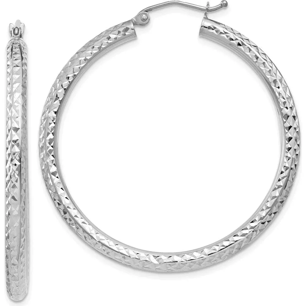 10K White Gold Diamond-Cut 3mm Round Hoop Earrings - Rhodium Plated, 35mm Length, 40.1mm Width by Oro Pregiato