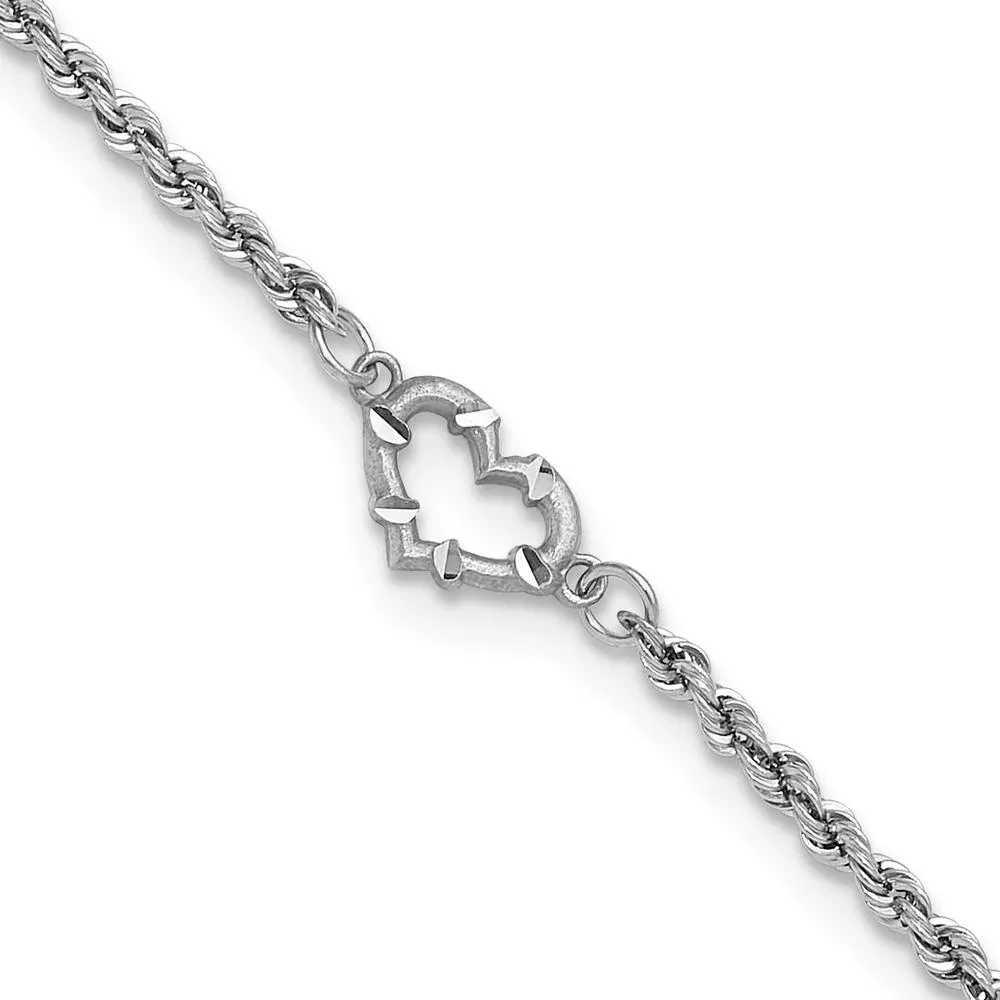 10K White Gold Diamond-Cut Open Heart and Rope Chain 9" Anklet by Oro Pregiato