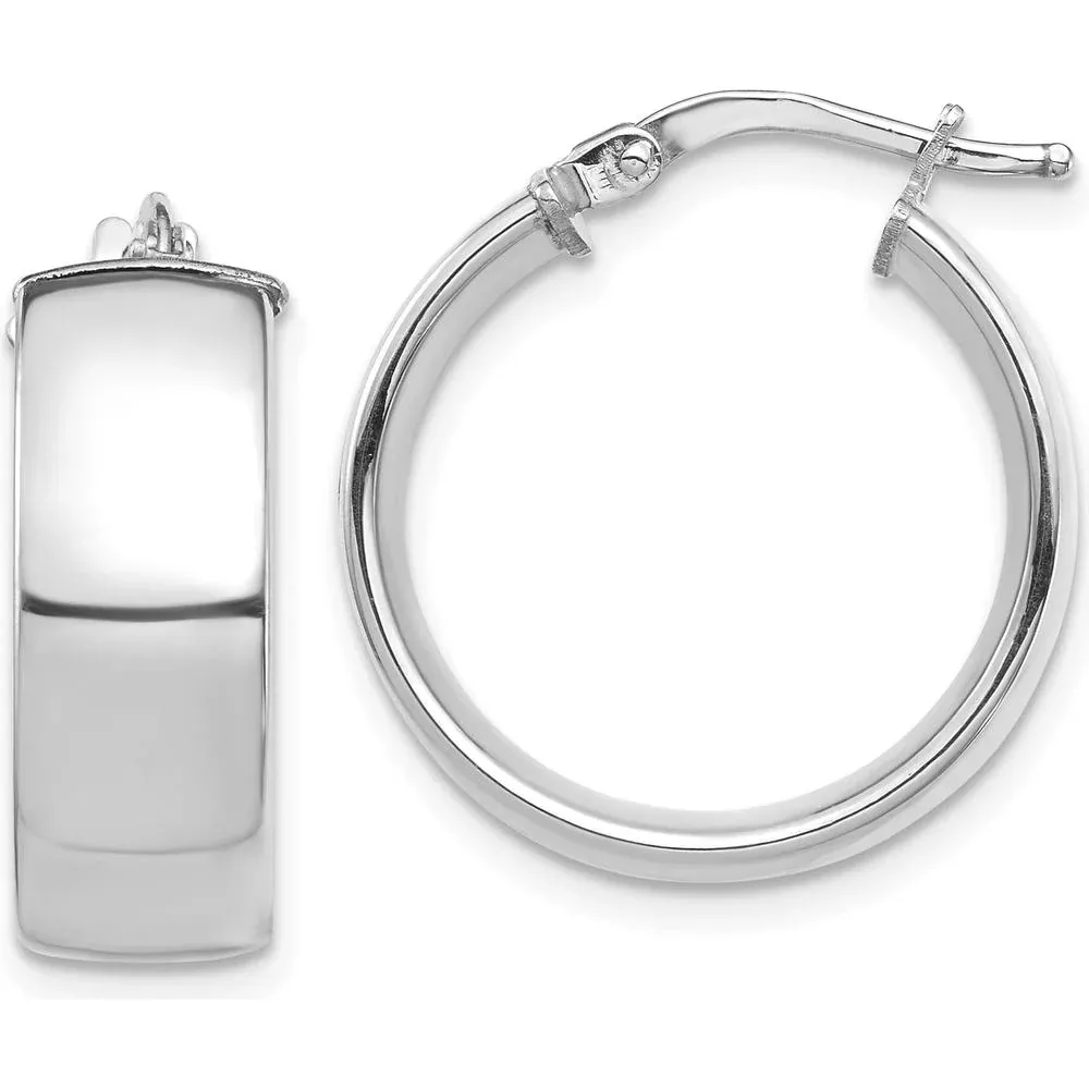 10K White Gold High Polished 7mm Hoop Earrings with Rhodium Plating by Oro Pregiato
