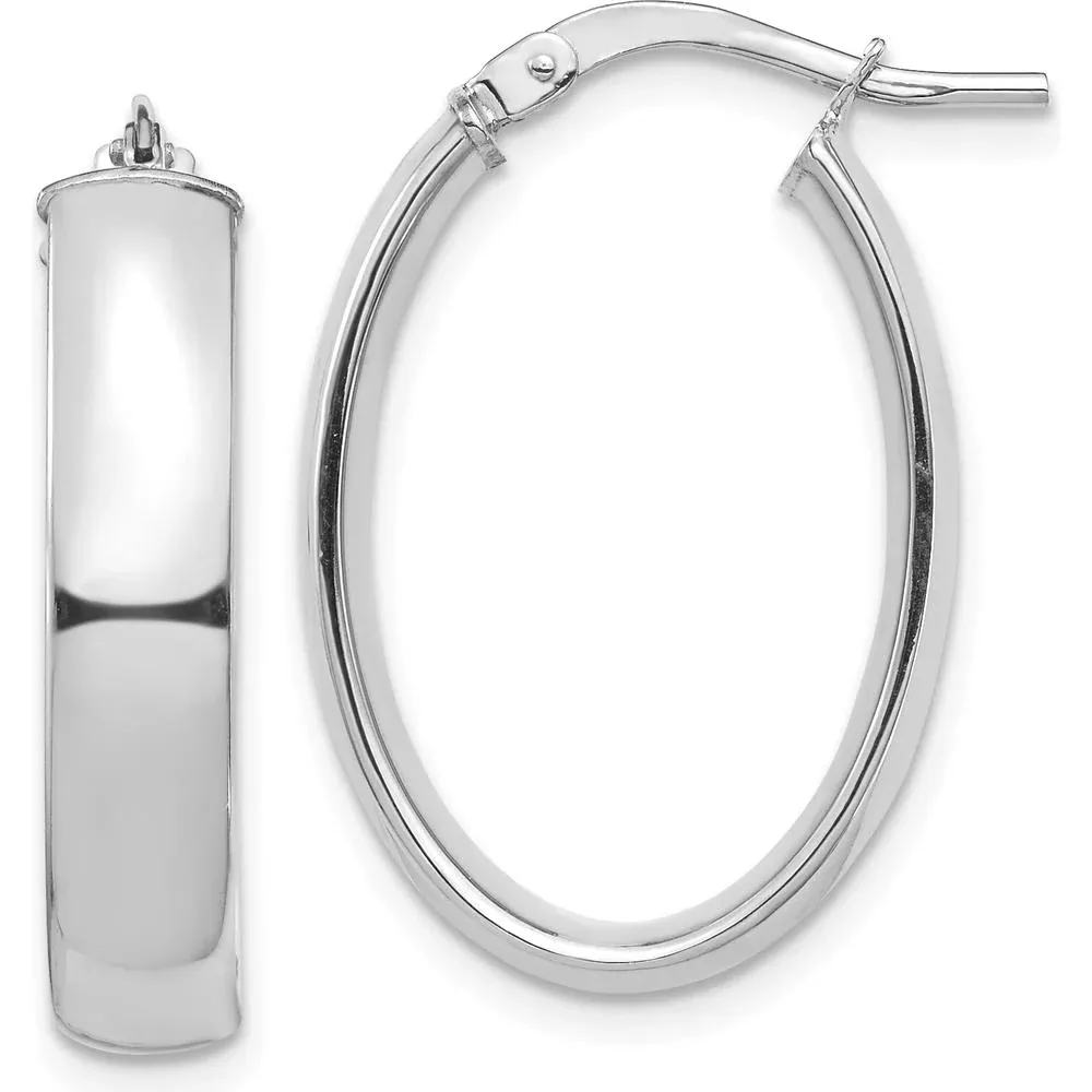 10K White Gold High Polished Oval Hoop Earrings - 5mm Thickness by Oro Pregiato