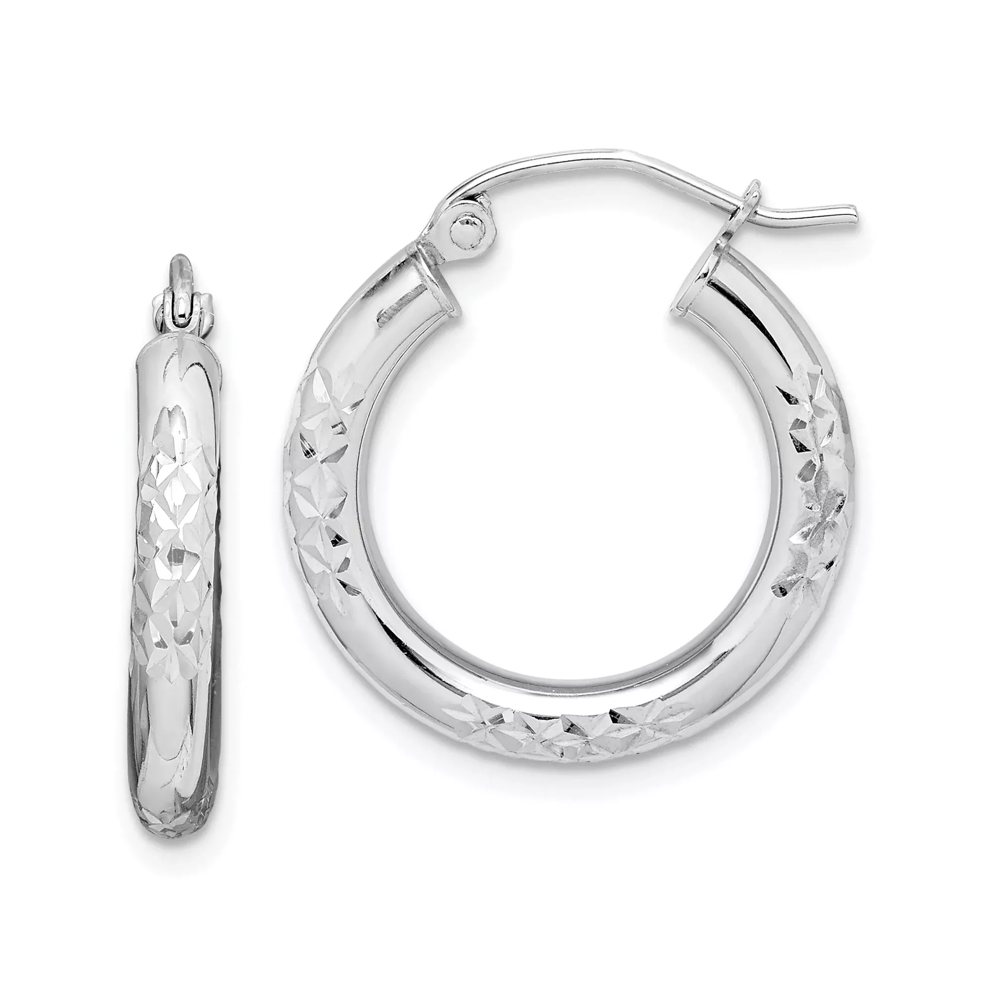 10k White Gold Hoop Earrings, Diamond Cut Floral Pattern, Lightweight Polished Finish