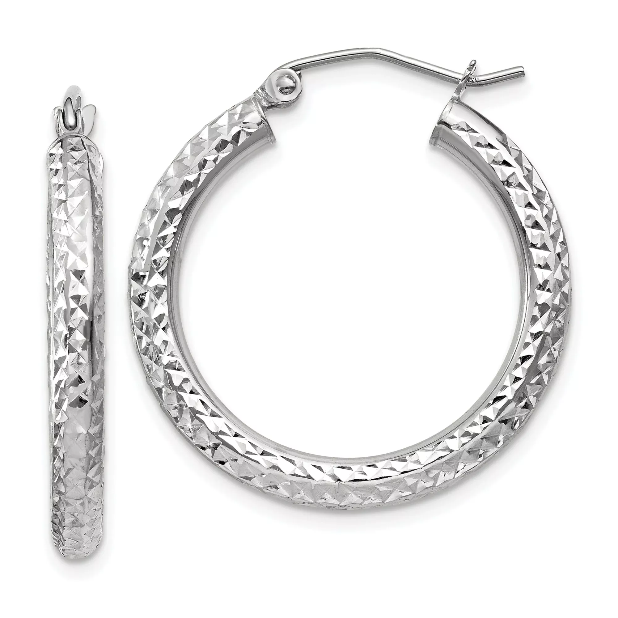 10k White Gold Hoop Earrings, Diamond Cut Textured Medium Hoops, Lightweight Classic Style