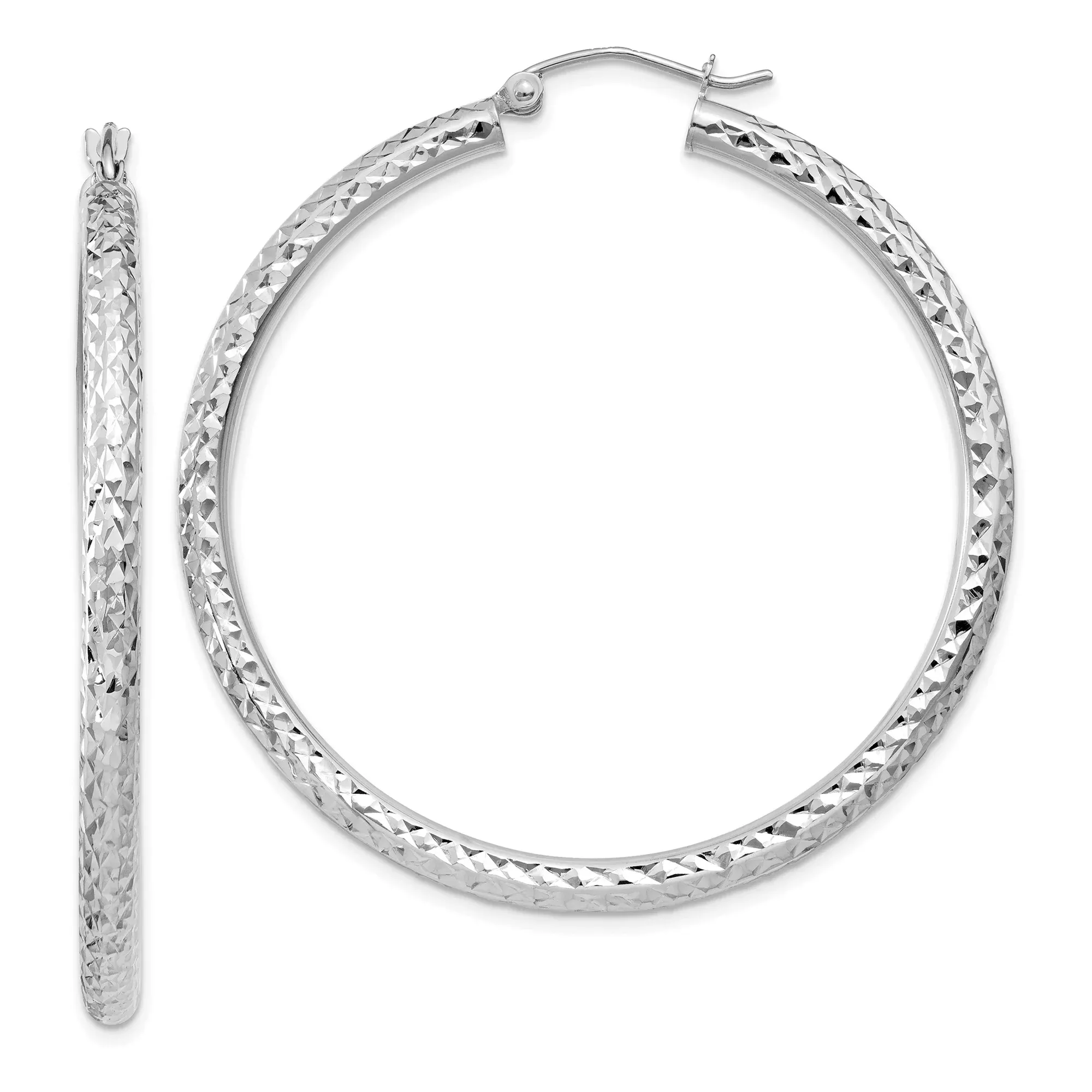 10k White Gold Hoop Earrings, Diamond-Cut Textured Round 14mm, Lightweight Everyday Style