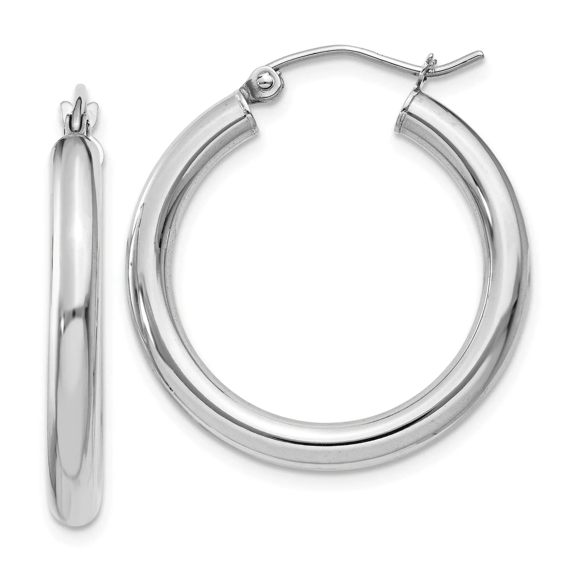 10k White Gold Hoop Earrings, High Polish Finish, Minimalist Round Design for Women