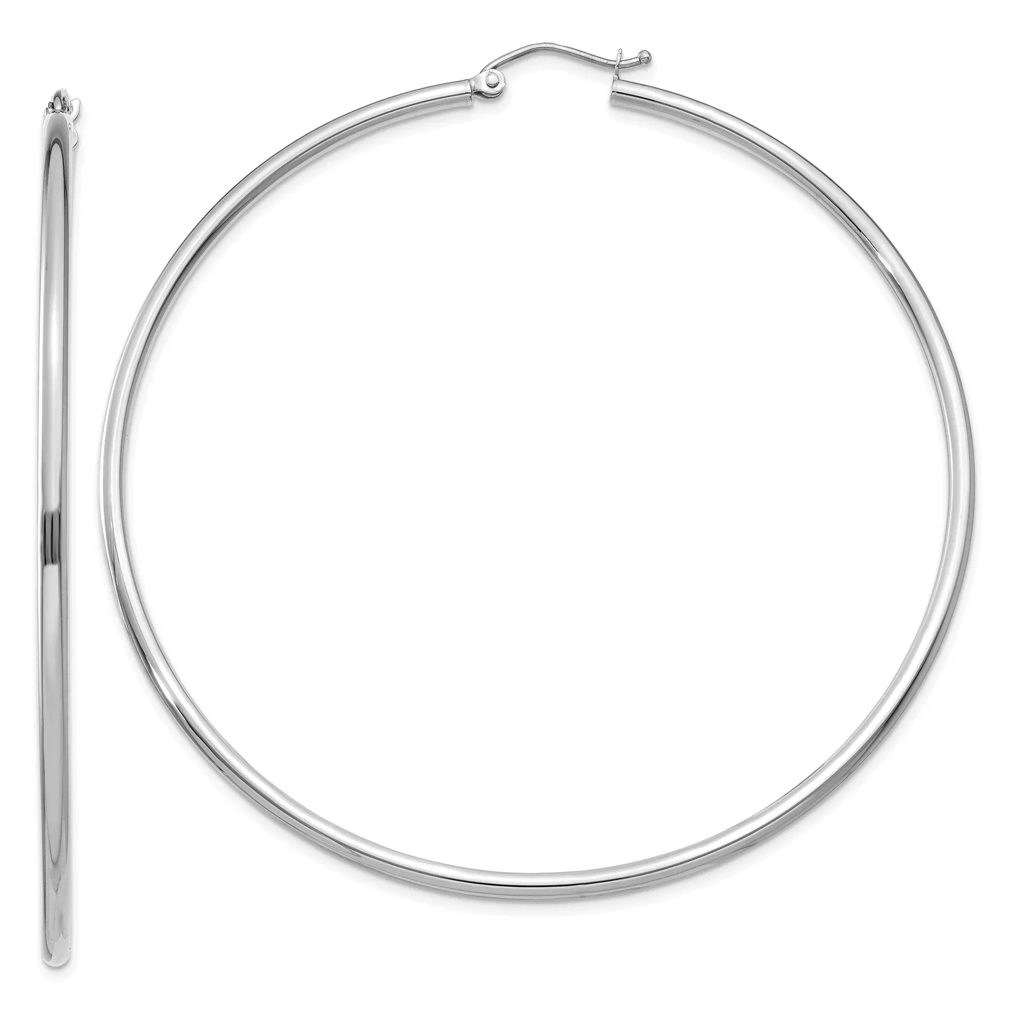 10k White Gold Hoop Earrings, Large Polished Round Hoops with Latch Back Closure for Women