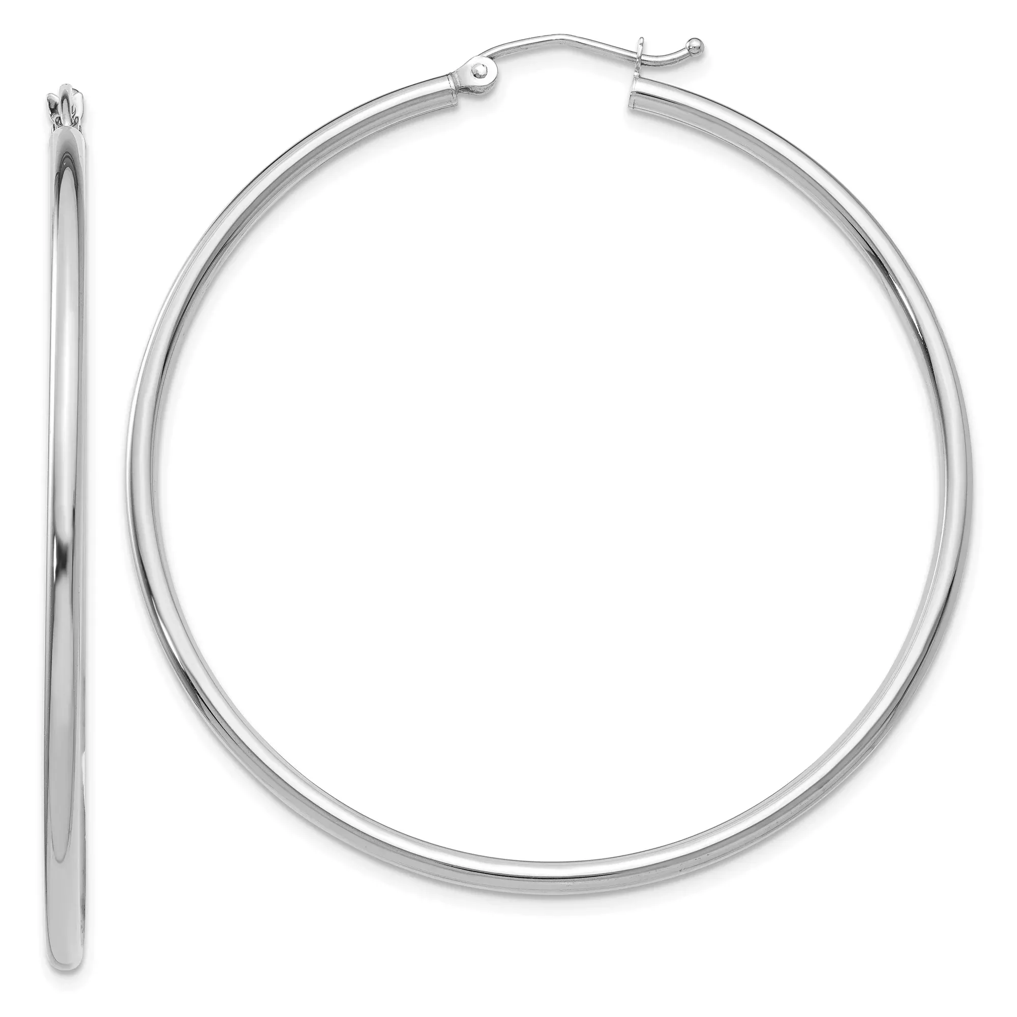 10k White Gold Hoop Earrings, Large Round Polished Finish, Lightweight Minimalist Design for Women