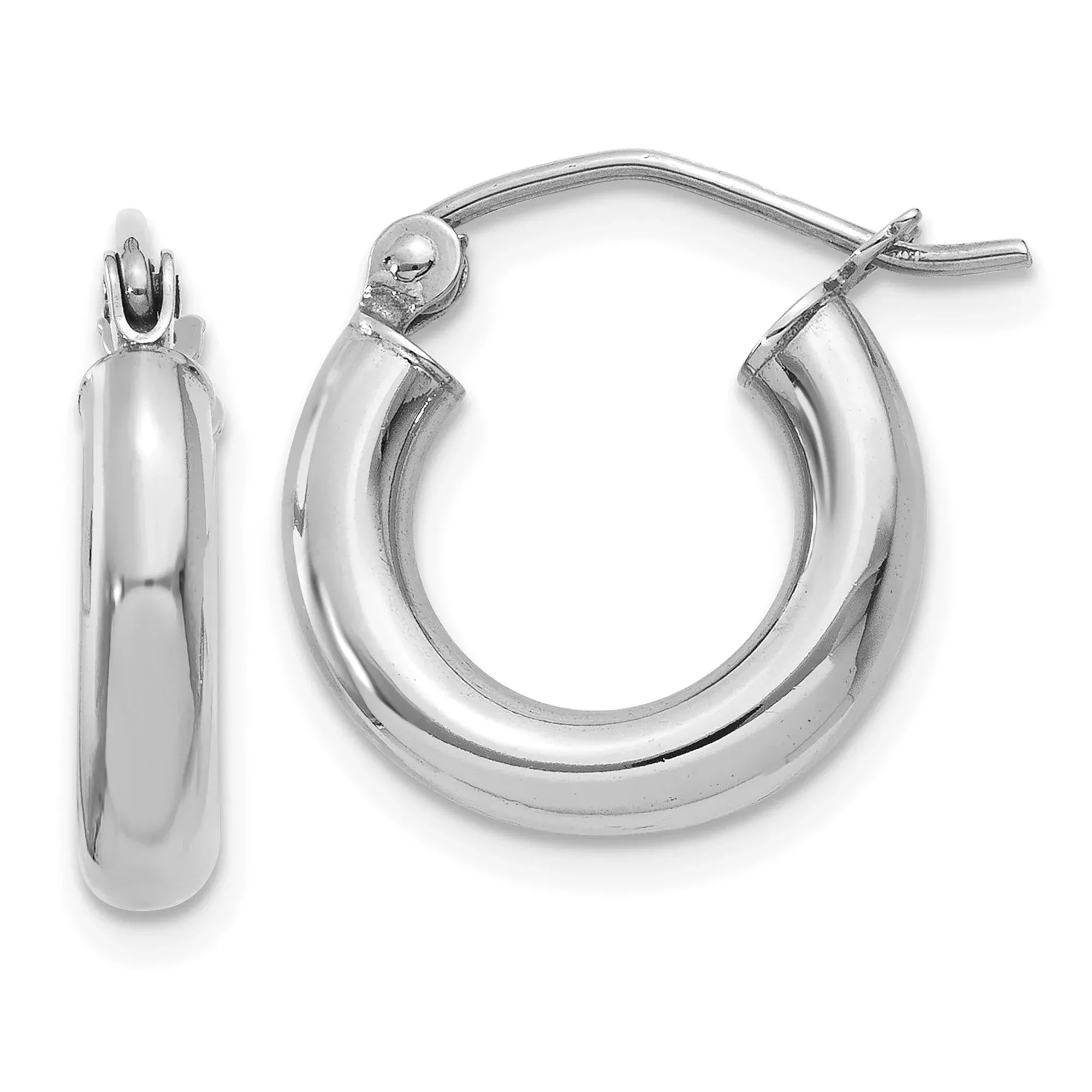 10k White Gold Hoop Earrings, Polished Finish, Hinged Closure, Minimalist Rounded Style for Women
