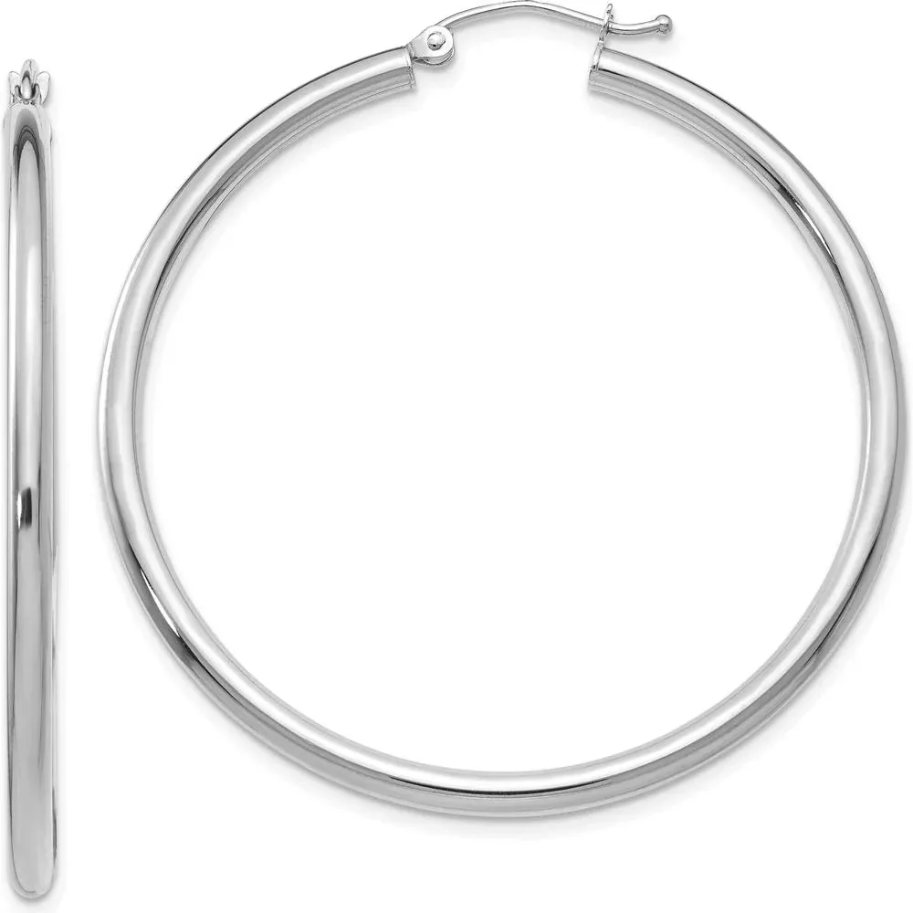 10K White Gold Polished 2.5mm Tube Hoop Earrings - Classic Large Hoops by Oro Pregiato