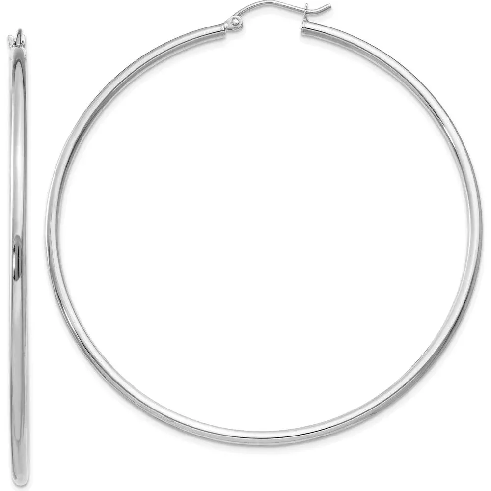 10K White Gold Polished 2mm Tube Hoop Earrings - 56mm Length, 59.85mm Width by Oro Pregiato