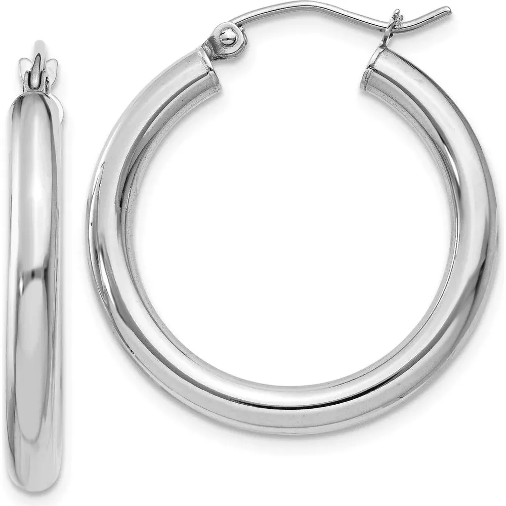 10K White Gold Polished 3mm Tube Hoop Earrings - 20mm Length, Rhodium Plating by Oro Pregiato