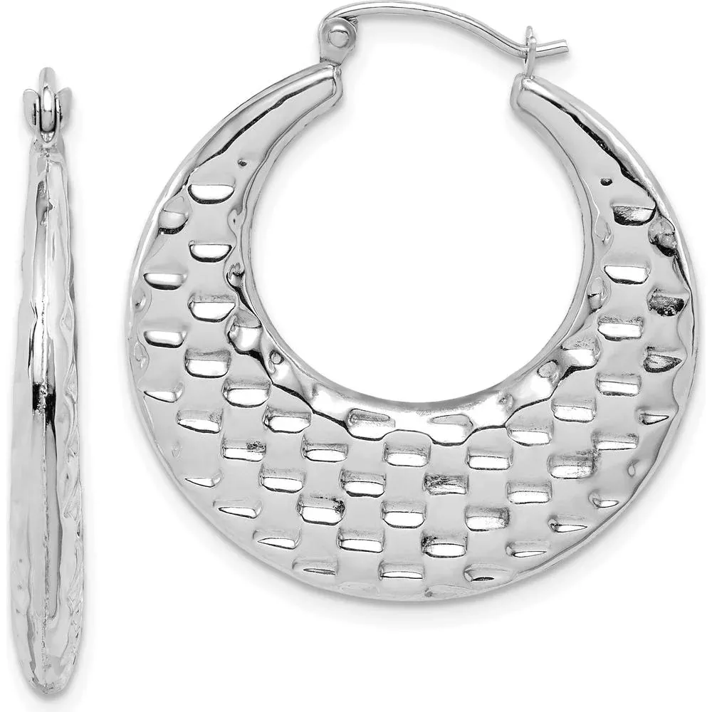 10K White Gold Polished Textured Hoop Earrings - Elegant Rhodium Plated Hoops by Oro Pregiato