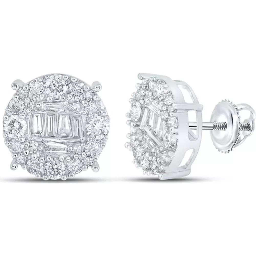 10K White Gold Round and Baguette Diamond Circle Cluster Earrings - 1.00 Carat Total Diamond Weight