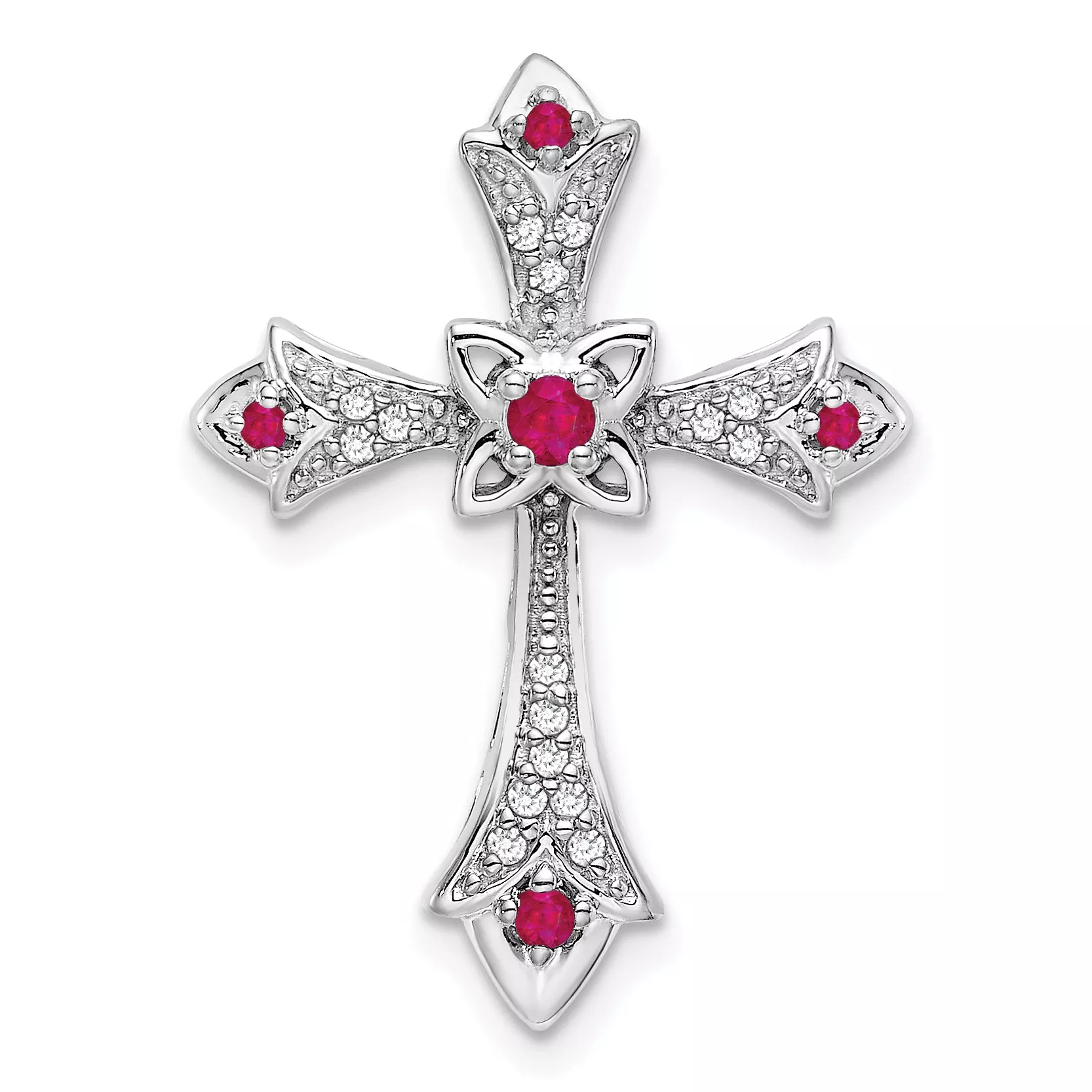10K White Gold Ruby and Diamond Fleur de Lis Cross Chain Slide