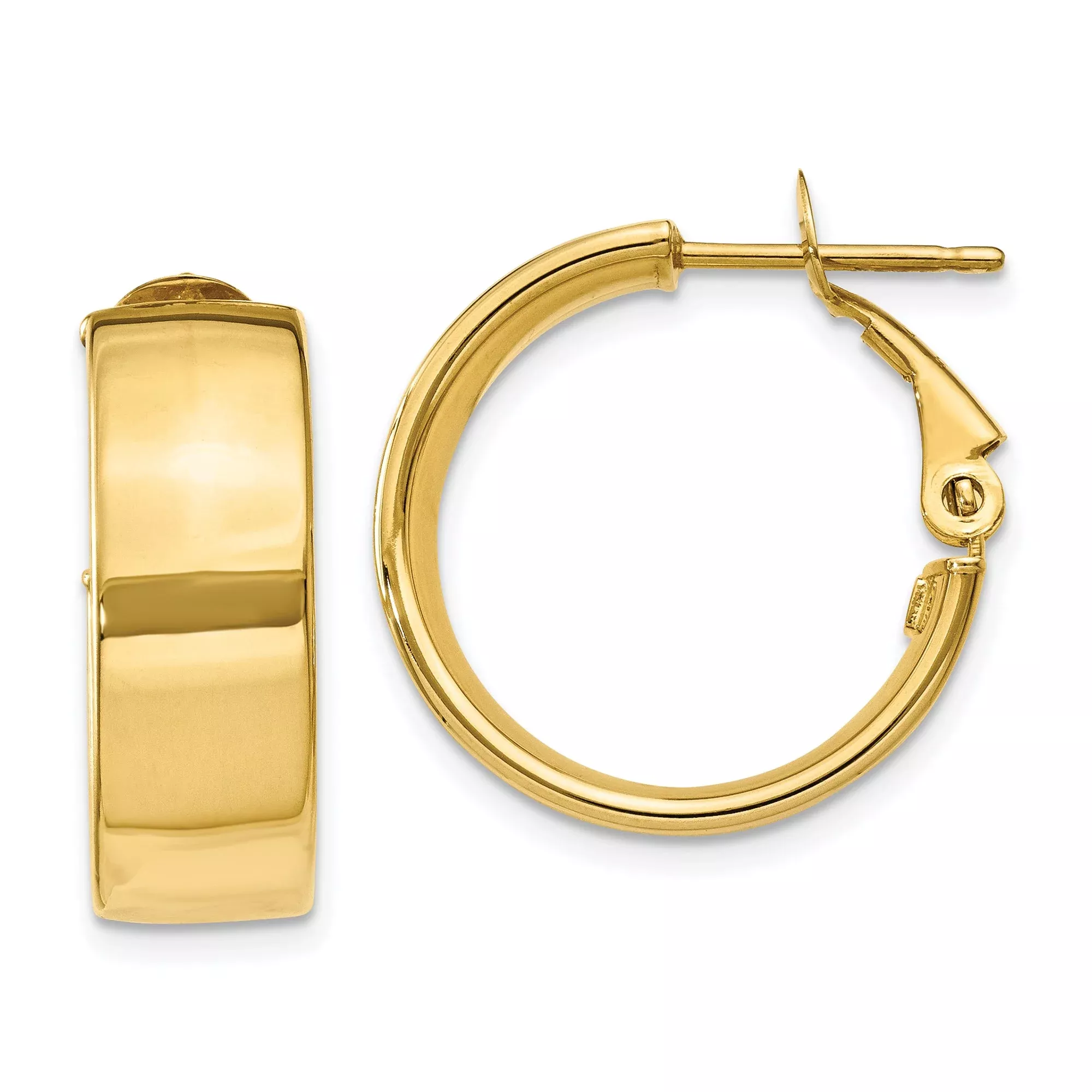 10k Yellow Gold Hoop Earrings, Wide Band with Polished Finish, Omega Back Closure, Classic Style