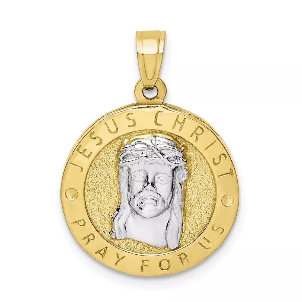 10k Yellow Gold w /Rhodium Reversible Jesus and Praying Hands Medal