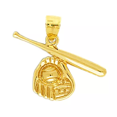 14K Gold Baseball Bat and Ball In Glove Pendant