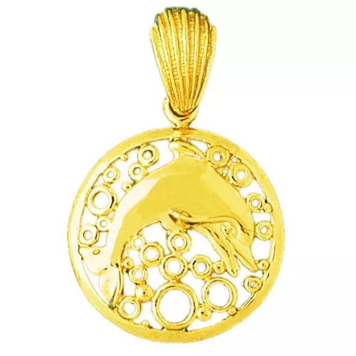 14K Gold Dolphin Under Sea Pendant Medallion