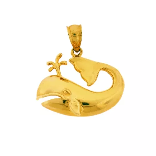 14K Gold Whale with Blow Water Droplets Pendant