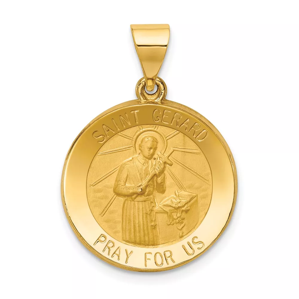 14k Polished and Satin Hollow Saint Gerard Medal Round Pendant