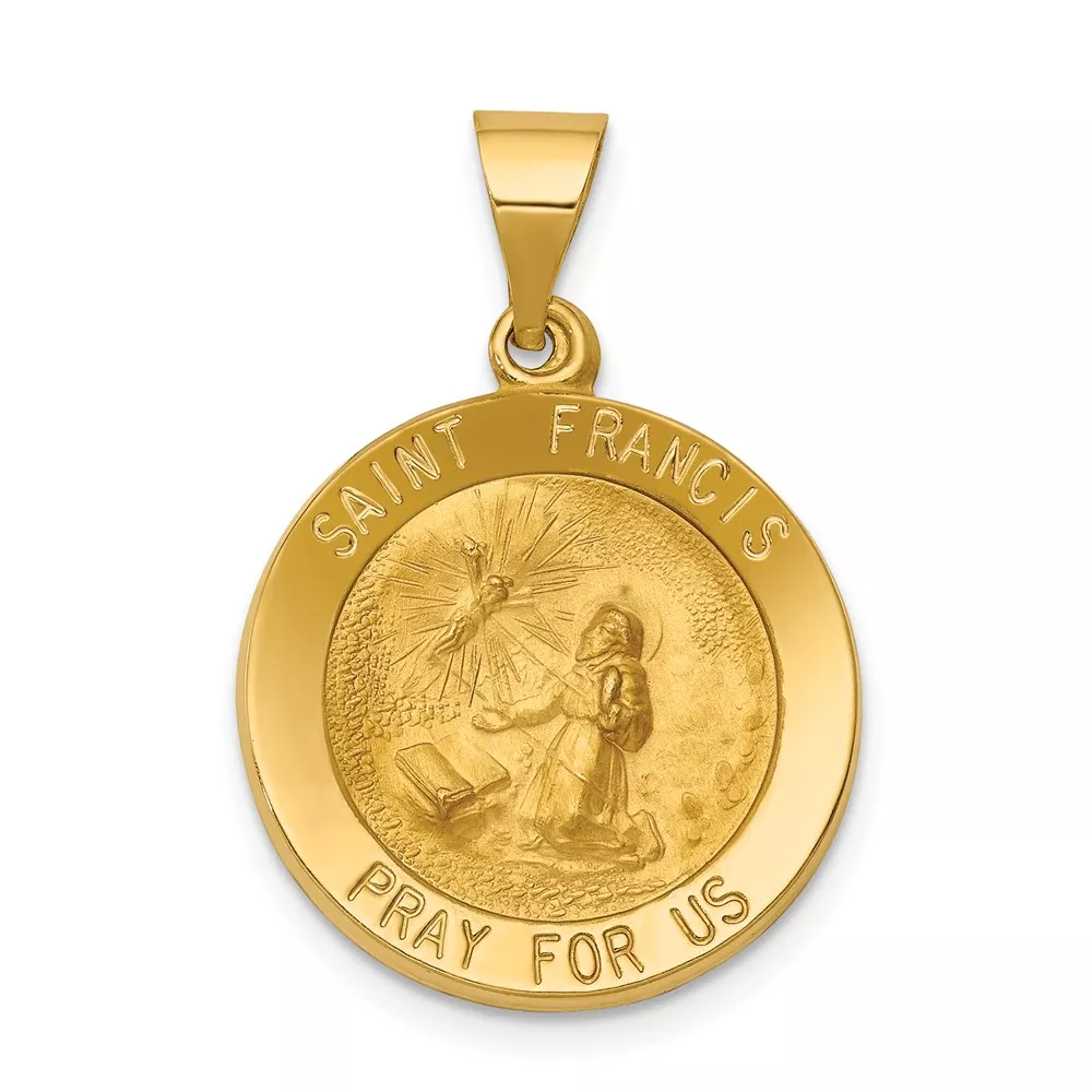 14k Polished and Satin Hollow St Francis Medal Round Pendant