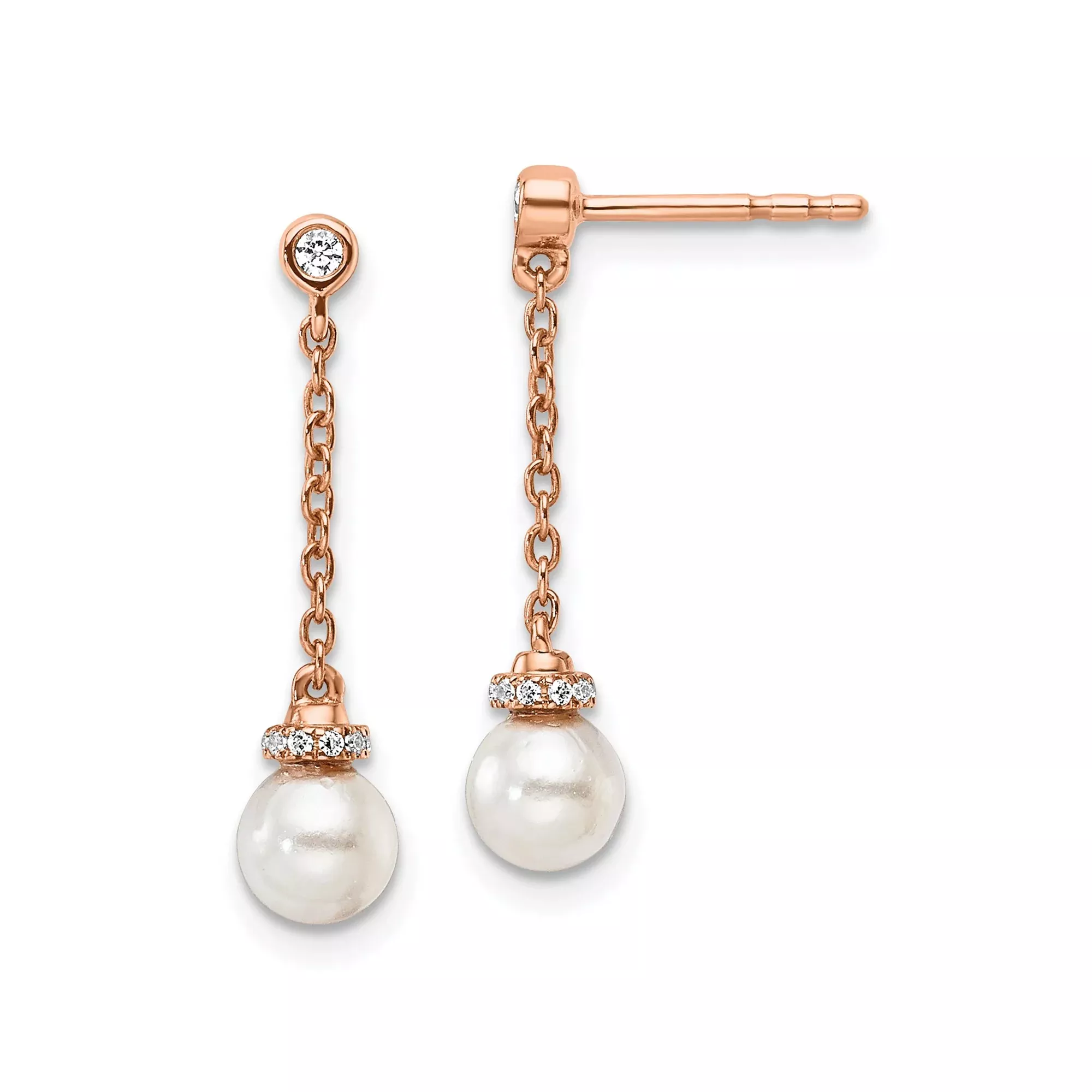 14k Rose Gold Dangle Earrings with Freshwater Cultured Pearl and Diamond Accents