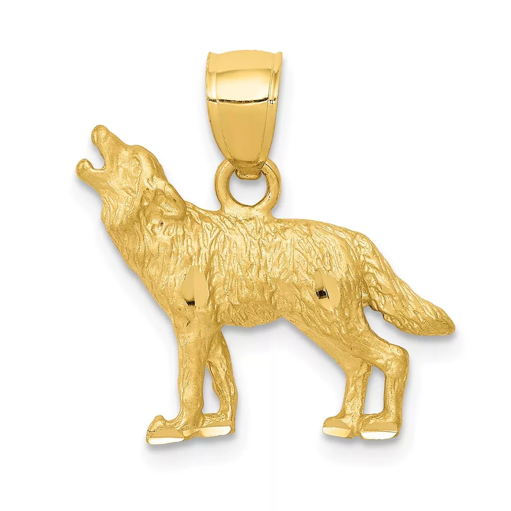 14K Satin Diamond-cut Howling Wolf Pendant