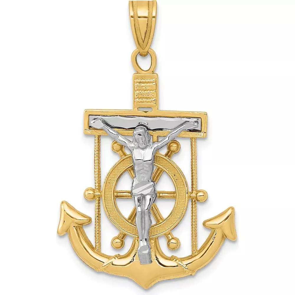 14K Two-Tone Gold Diamond-Cut Mariners Crucifix Pendant with Anchor and Religious Symbol by Oro Pregiato