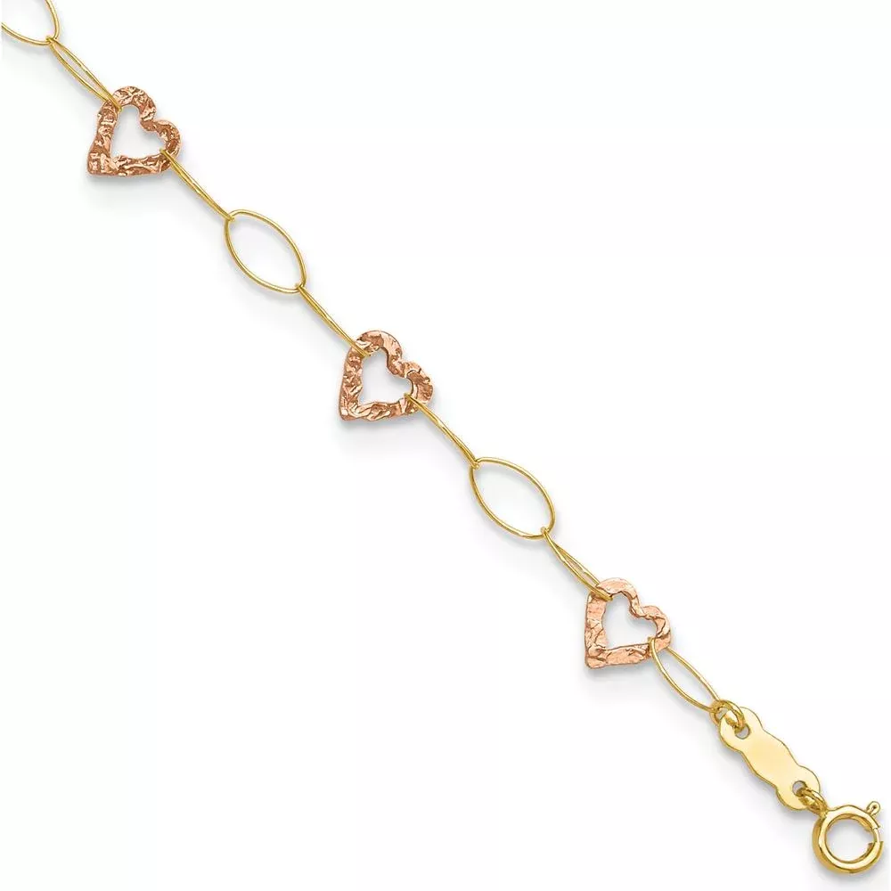 14K Two-Tone Gold Hammered Open Hearts & Oval Link Anklet - Adjustable 9" + 1" Extender by Oro Pregiato