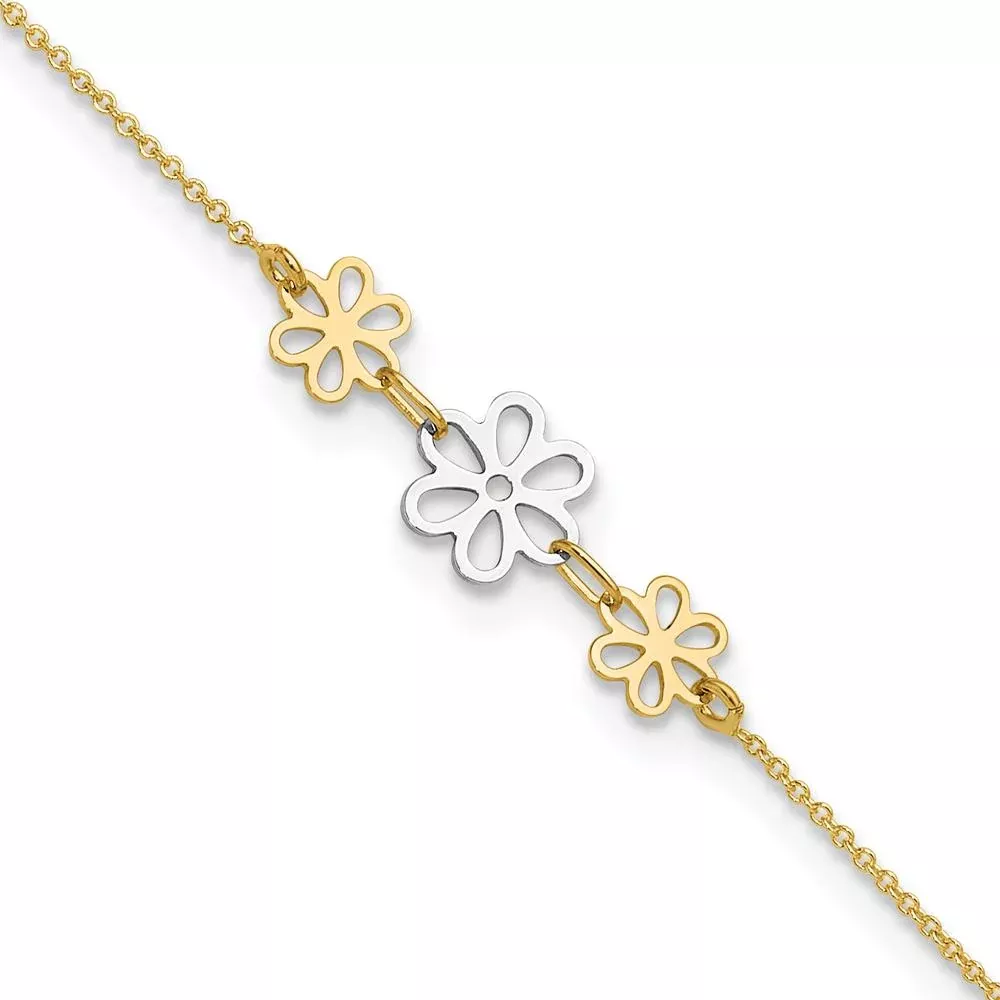 14K Two-Tone Gold Polished Floral Cut-out Three Flower Anklet with Adjustable 9" Chain and 1" Extender by Oro Pregiato