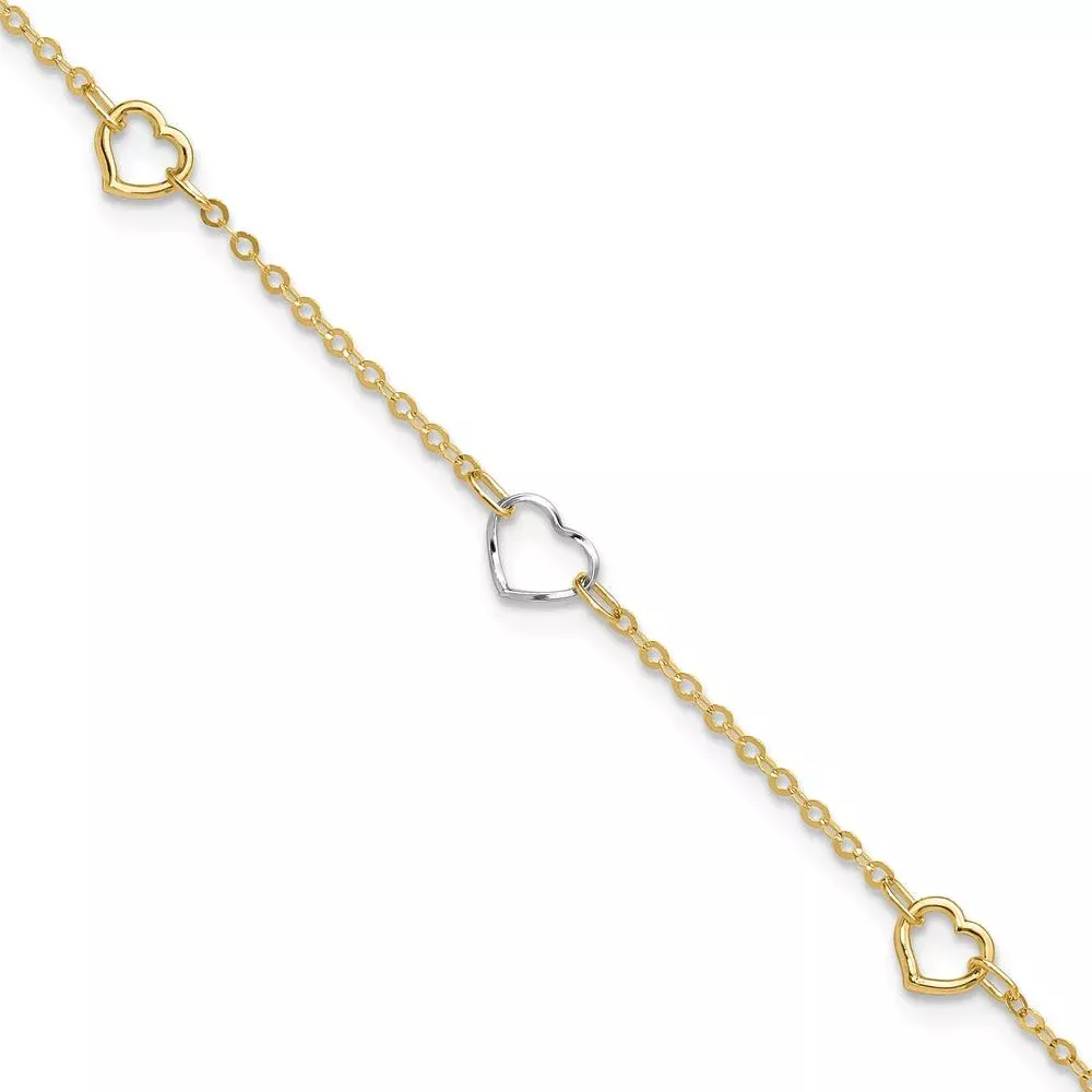 14K Two-Tone Polished Open Hearts Anklet with 5 Stations - Adjustable 9" + 1" Extender by Oro Pregiato