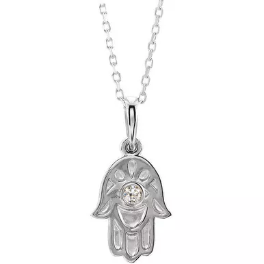 14k White Gold 19mm Genuine Diamond Hamsa Necklace .03 ctw