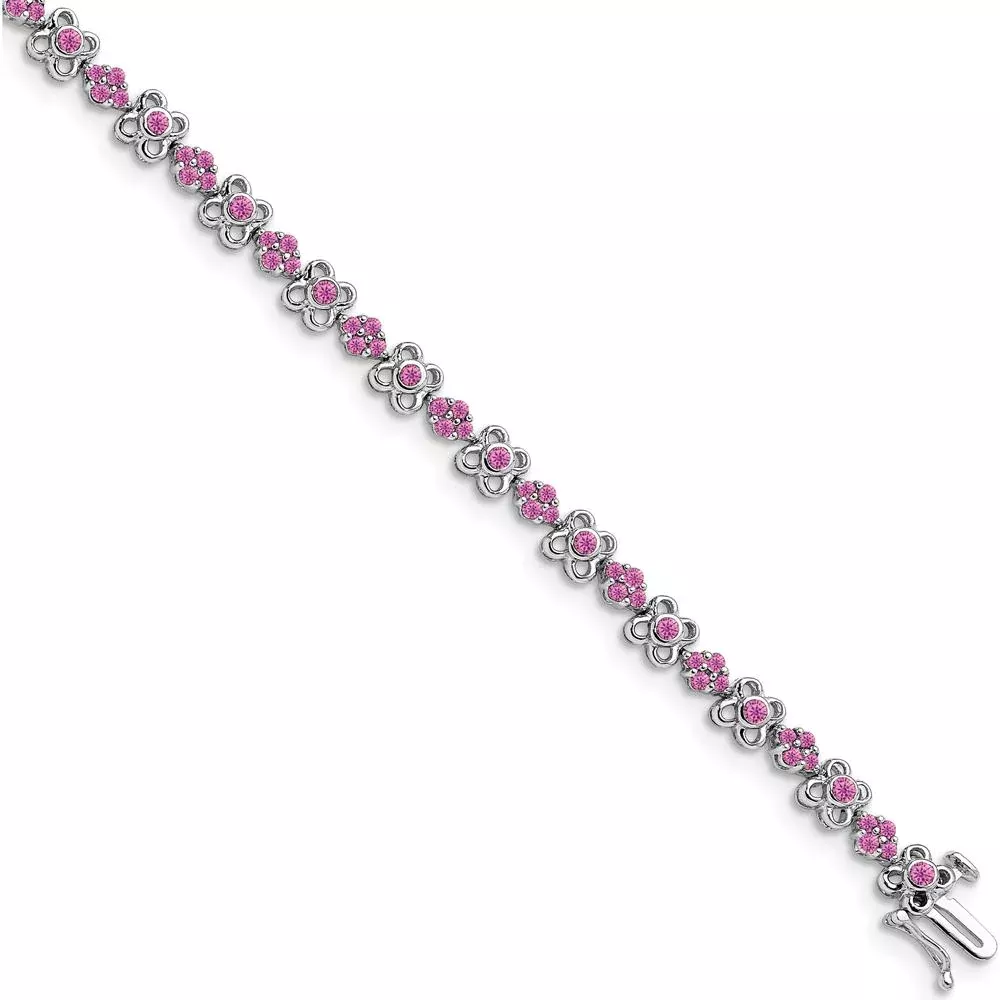 14K White Gold 7" Bracelet with Lab-Created Pink Sapphire Flowers - 0.85 Carats Total Pink Sapphire Weight by Monteluci Fine Jewelry
