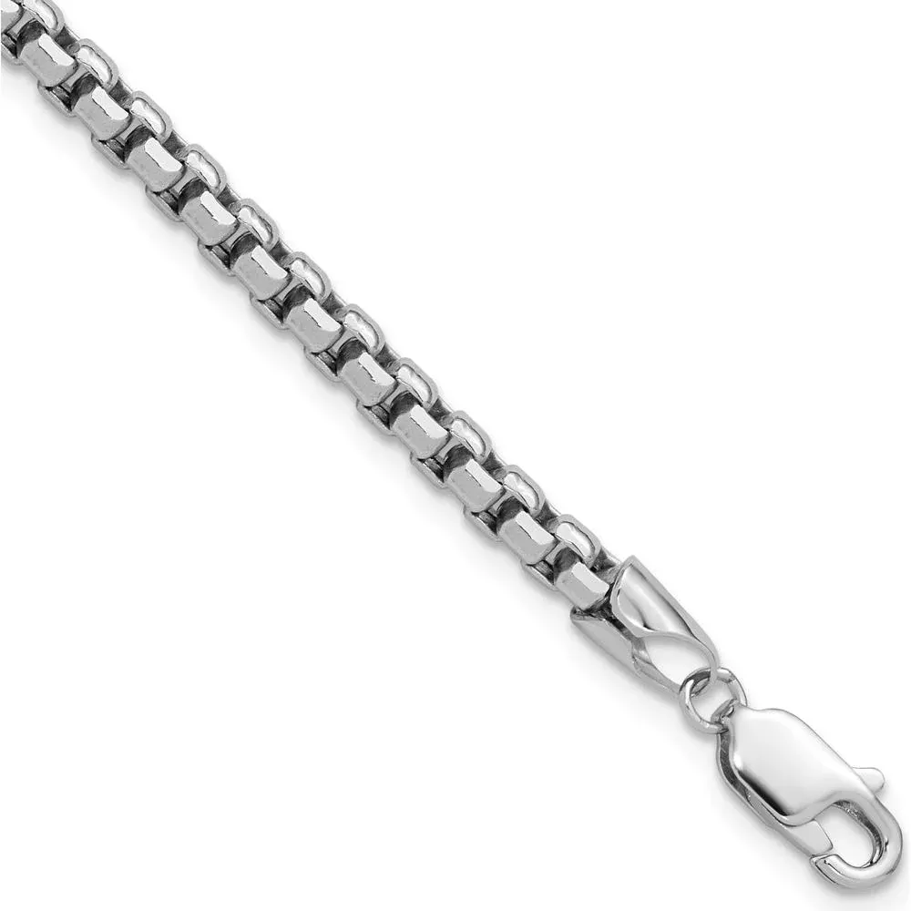 14K White Gold 8" Semi-Solid Round Box Bracelet with Lobster Clasp - 3.6mm Width by Oro Pregiato