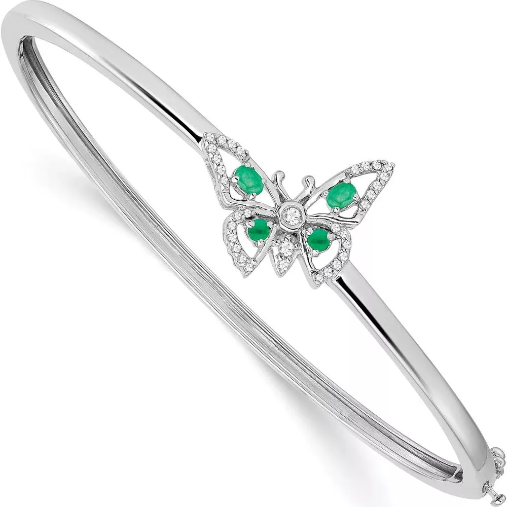14K White Gold Butterfly Bangle Bracelet with Emeralds and Diamonds - 0.25 Carats Total Diamond Weight by Monteluci Fine Jewelry