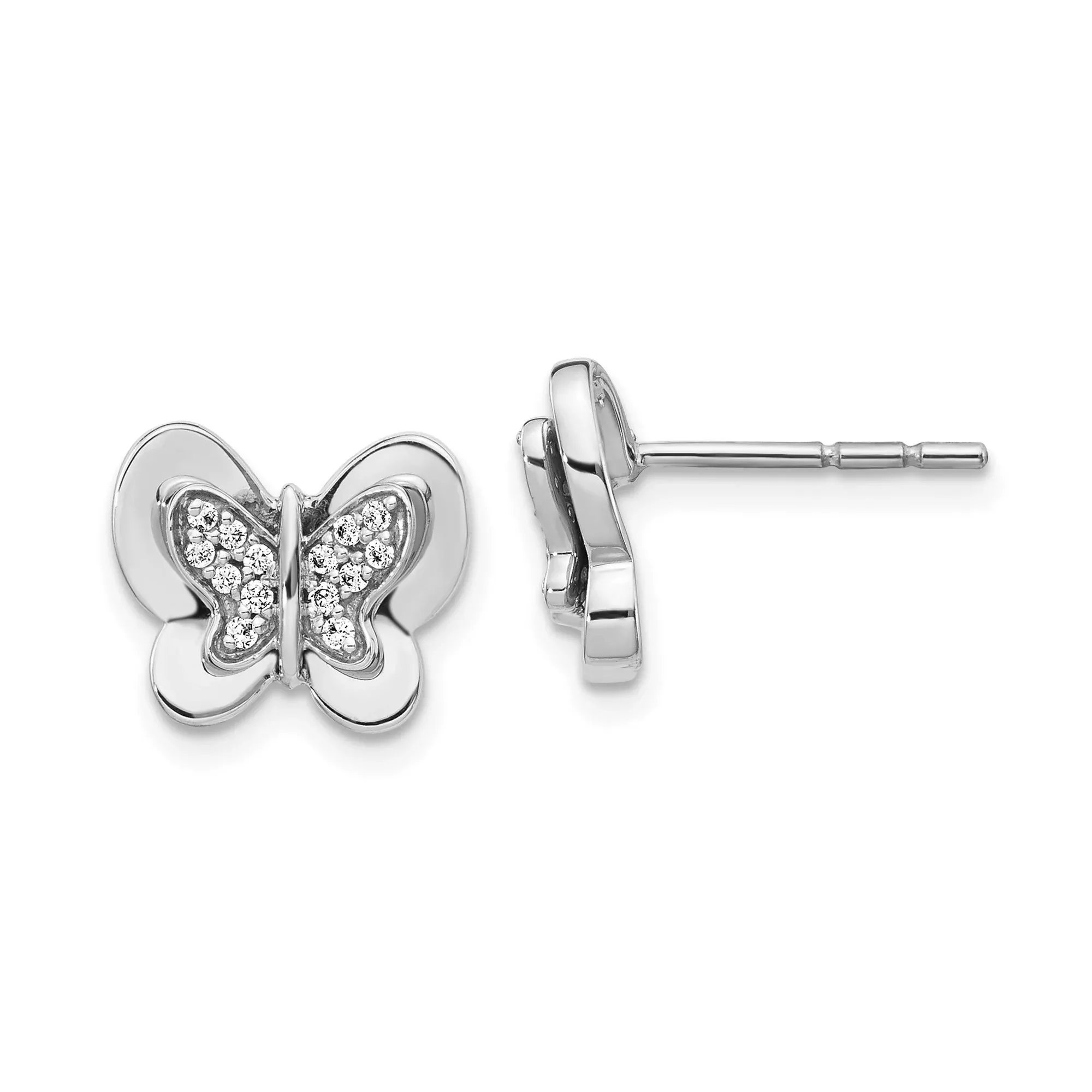 14k White Gold Butterfly Stud Earrings with Diamond Accents, Dainty Minimalist Style
