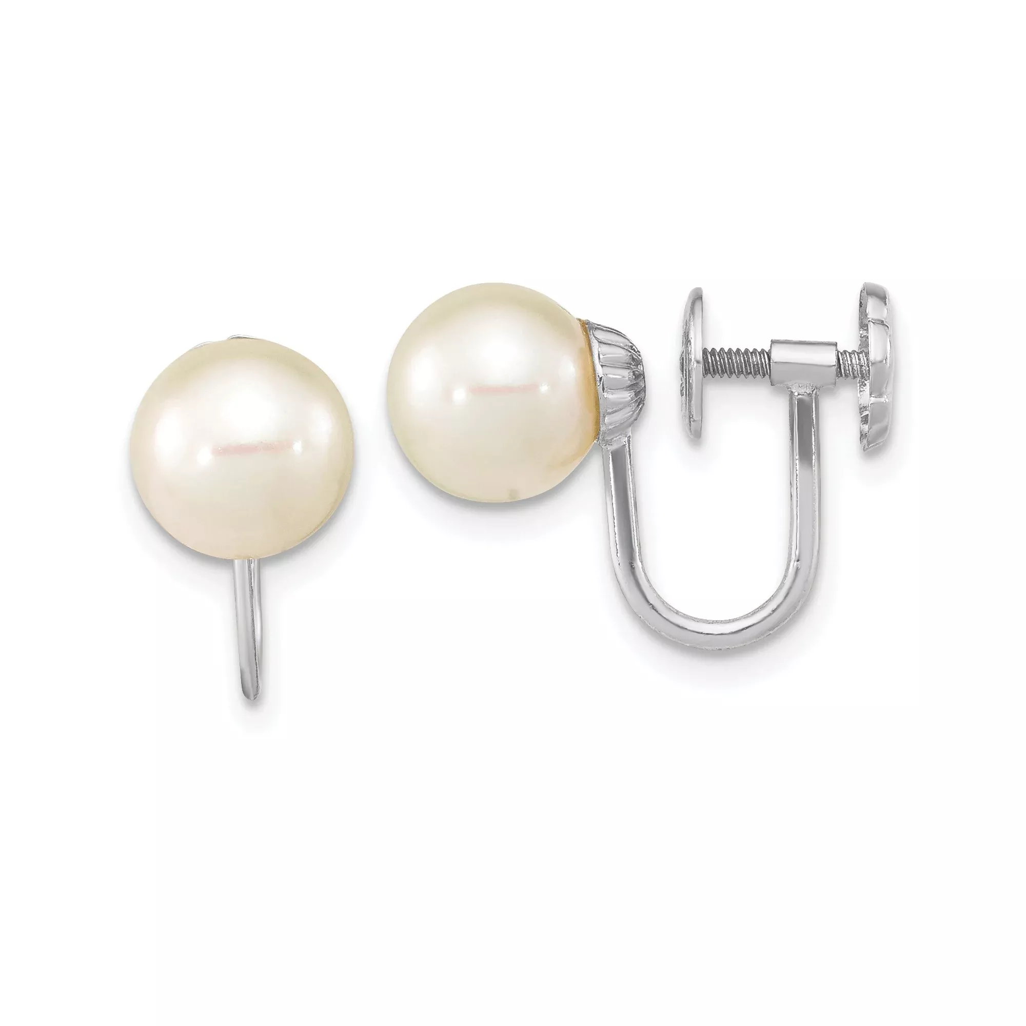 14k White Gold Clip-On Pearl Earrings, Round Cultured Pearls, Screw Back Design