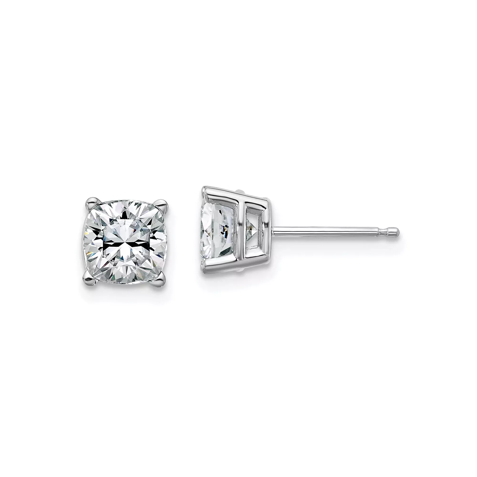 14k White Gold Cushion Cut Moissanite Stud Earrings, Four Prong Setting, Minimalist Classic Style