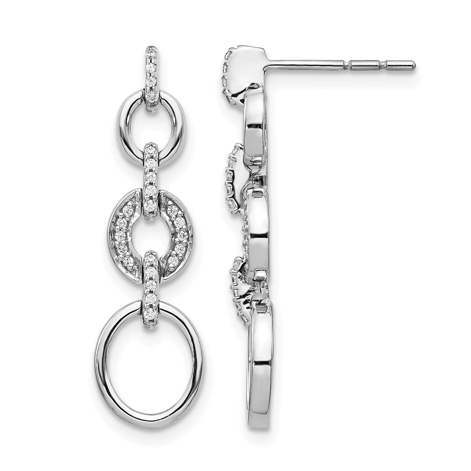 14k White Gold Dangle Earrings with Diamond, Linked Circles and Interlocking Ring Design