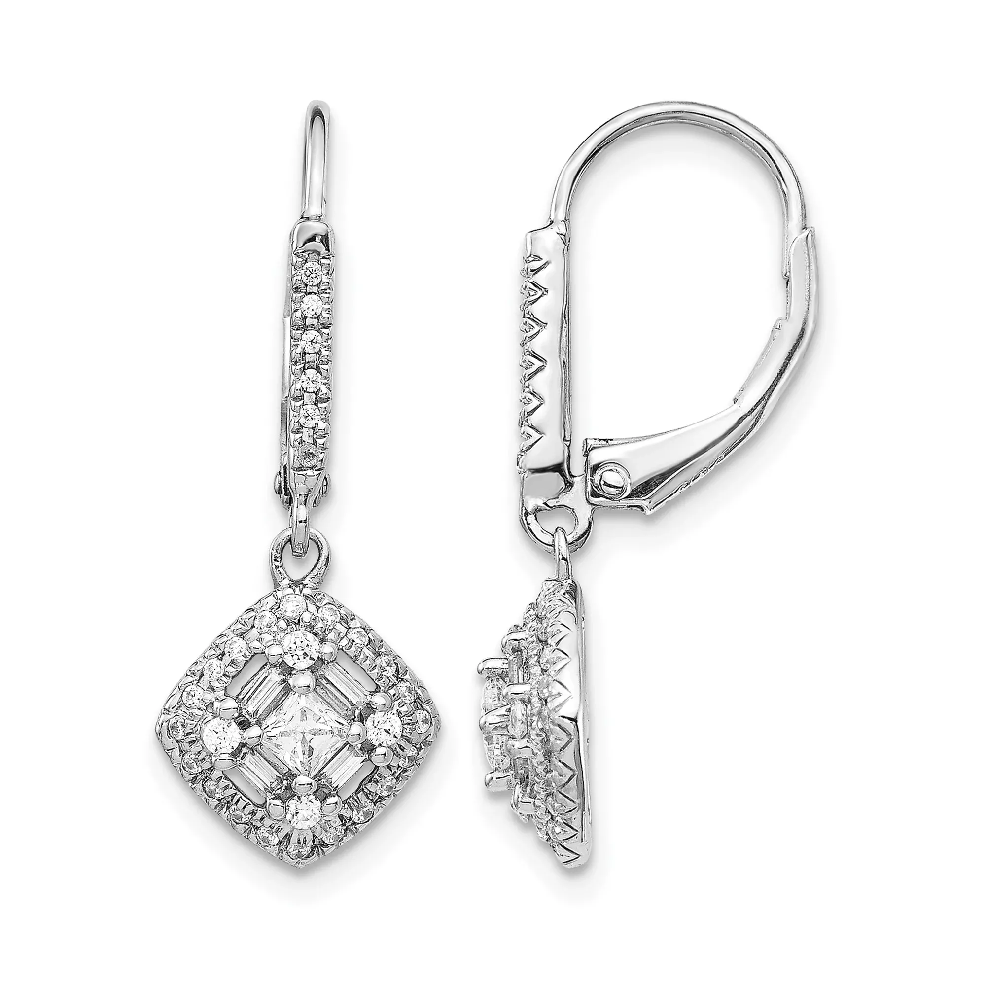 14k White Gold Dangle Earrings with Diamonds, Cushion Drop Design, Leverback Closure