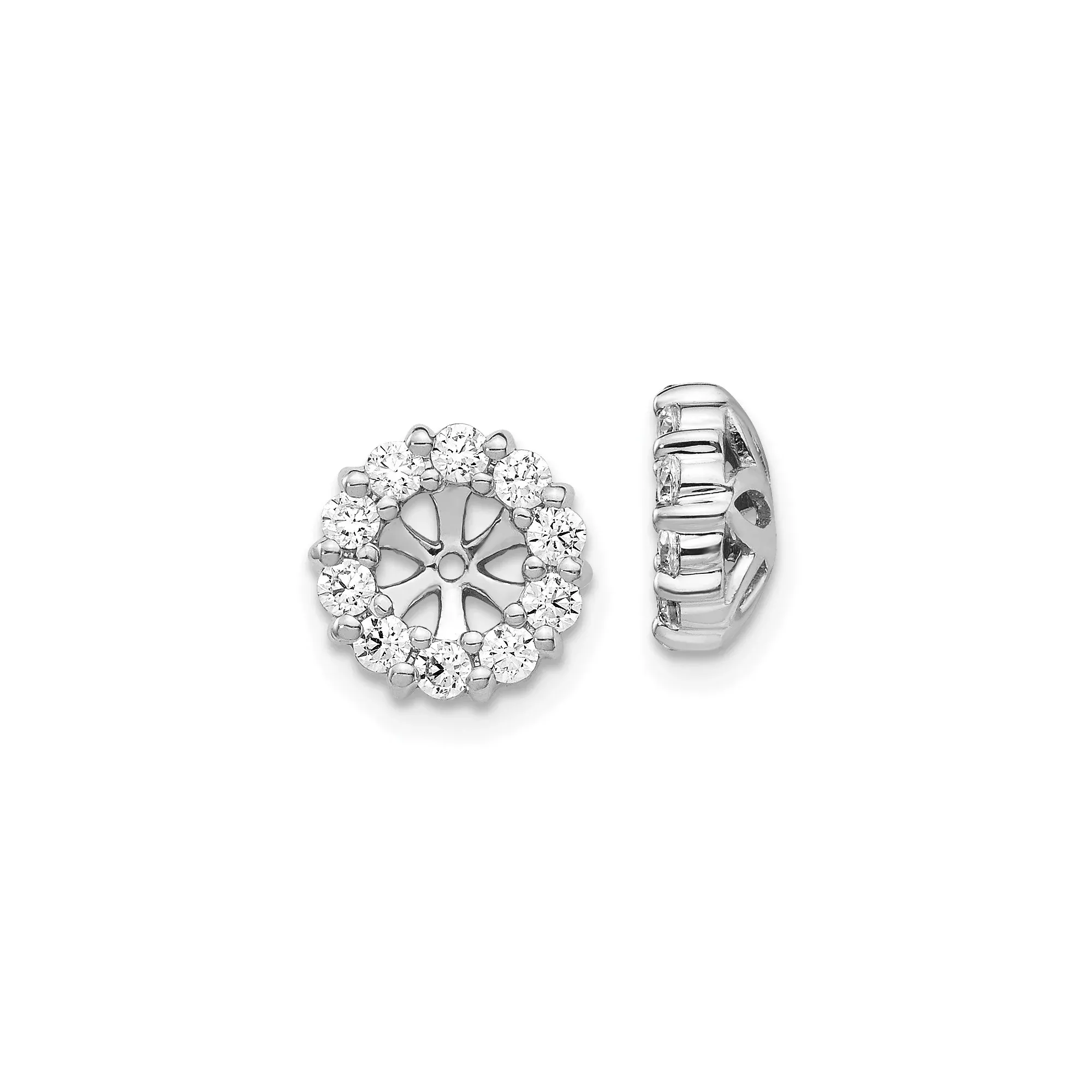 14k White Gold Diamond Cluster Stud Earrings, Circular Floral Design with Openwork Center
