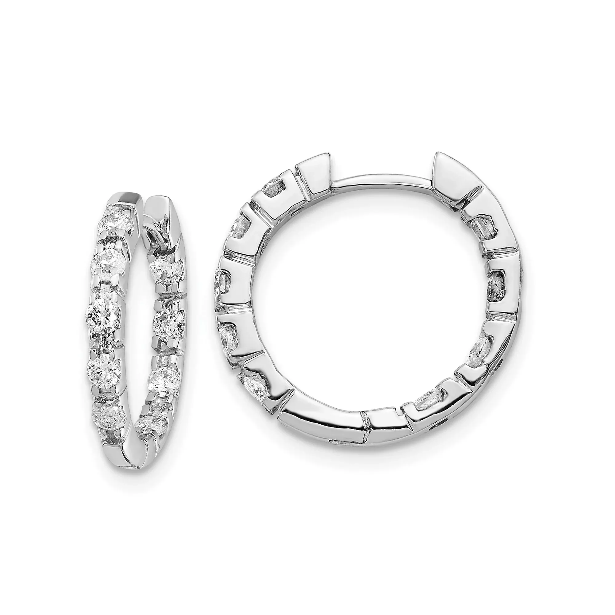 14k White Gold Diamond Hoop Earrings, Prong Set Petite Round Hoops for Women