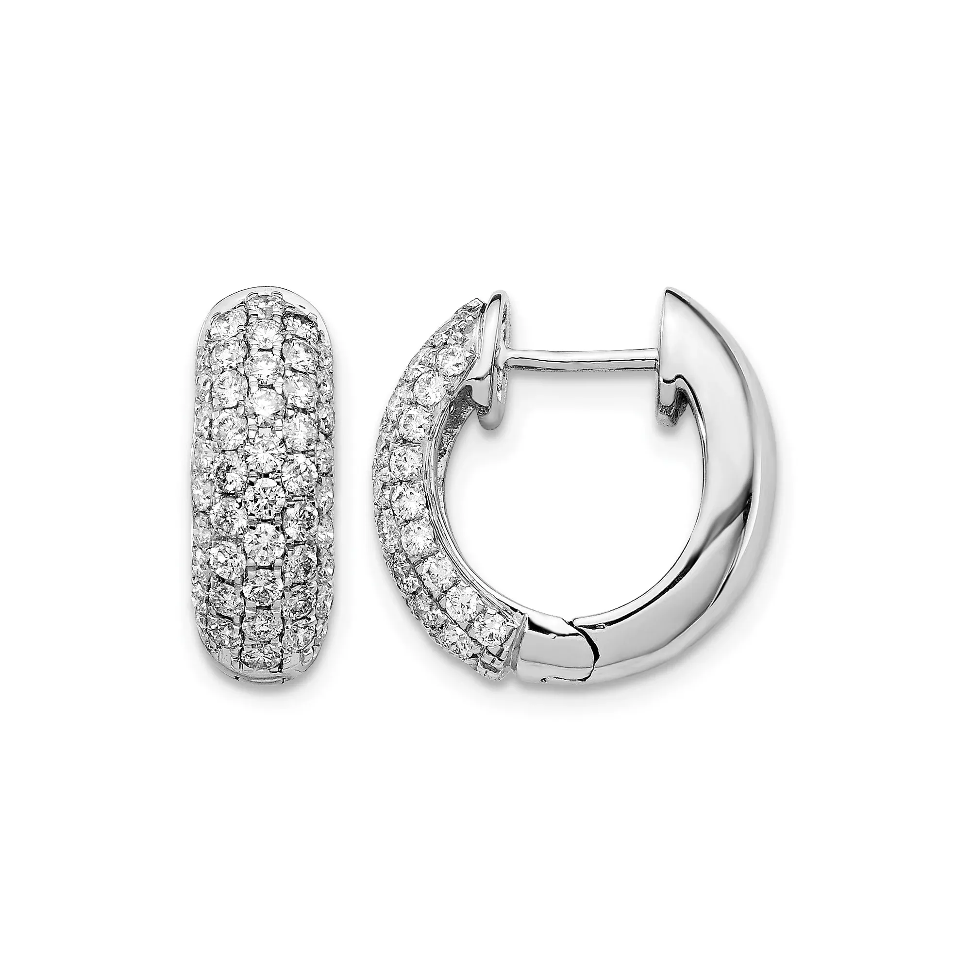 14k White Gold Diamond Hoop Earrings, Round Cut Multi Row Pave Huggies for Women