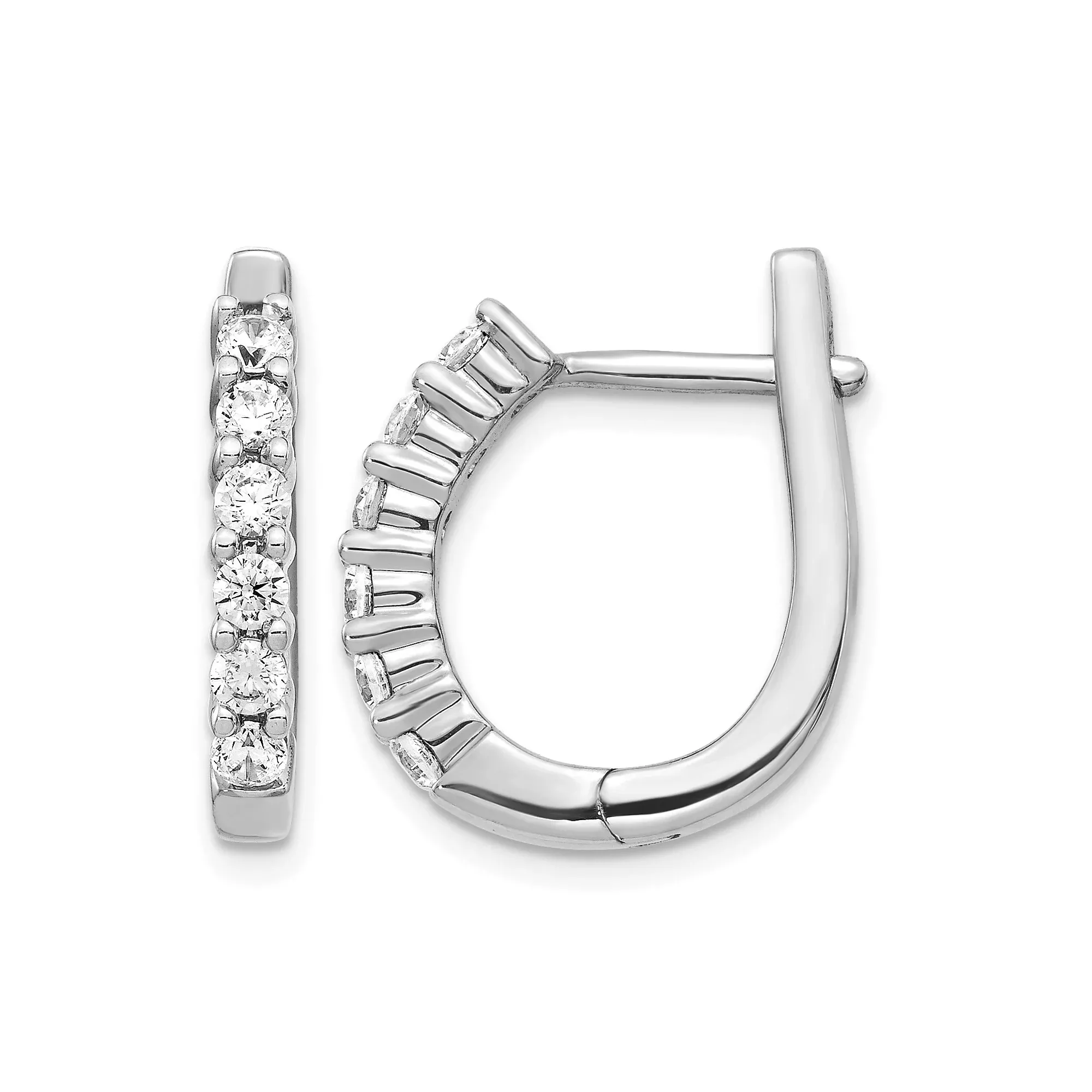 14k White Gold Diamond Hoop Earrings with Round Cut Diamonds in Shared Prong Setting