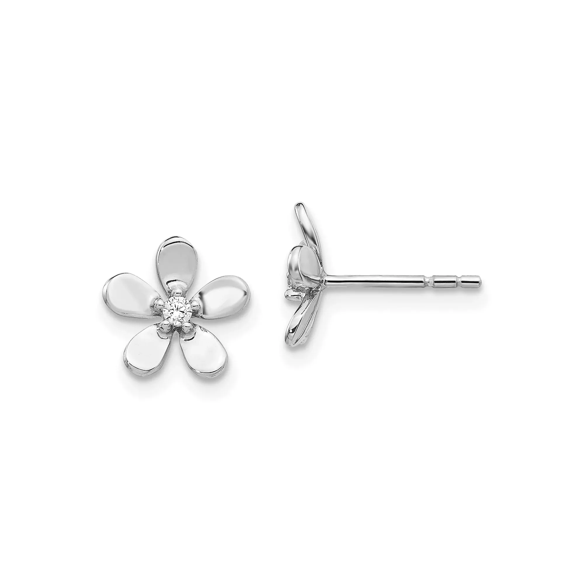 14k White Gold Flower Stud Earrings with Diamond Accent, Five-Petal Floral Design