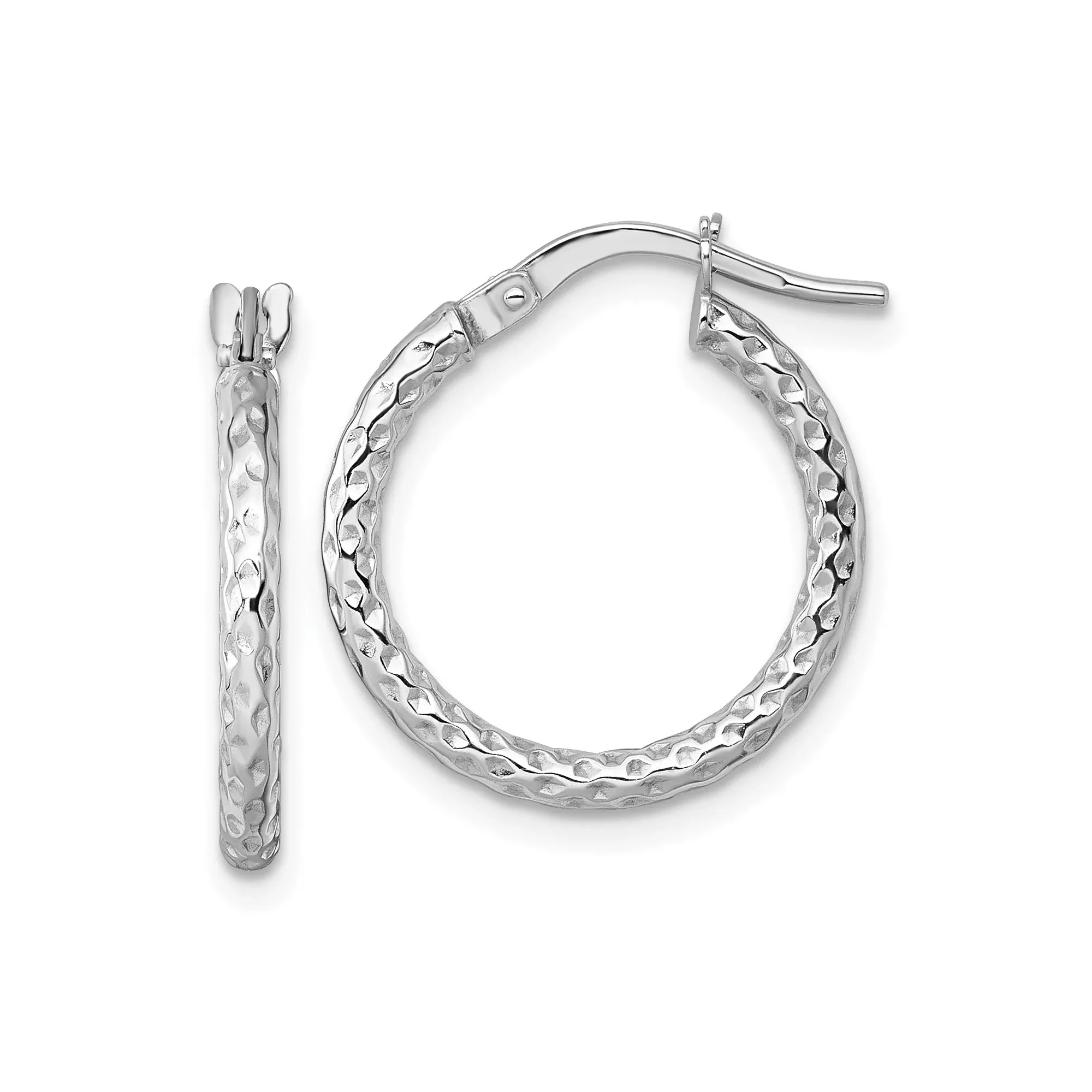 14k White Gold Hammered Hoop Earrings, Textured Round Hoops with Latch Back Closure