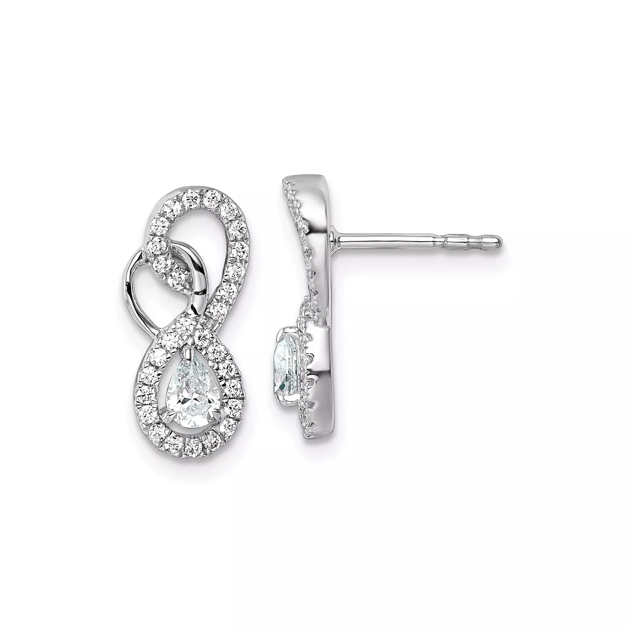 14k White Gold Infinity Stud Earrings with Pear Shaped Diamonds and Pavé Accents