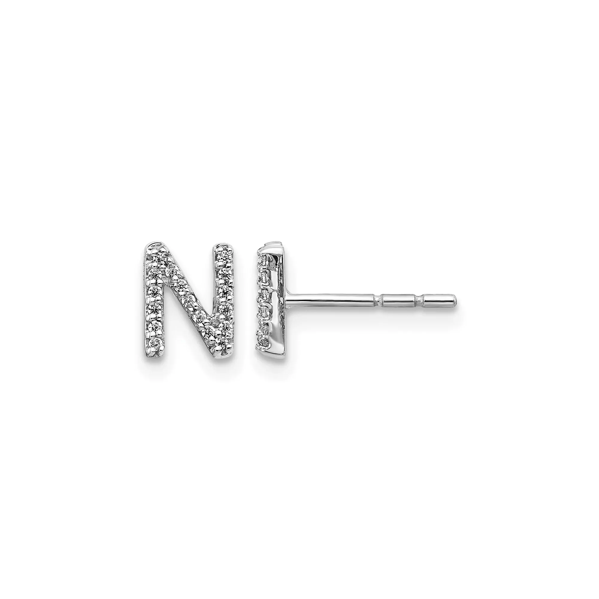 14k White Gold Initial N Stud Earring with Pavé Diamonds, Dainty Alphabet Letter Jewelry