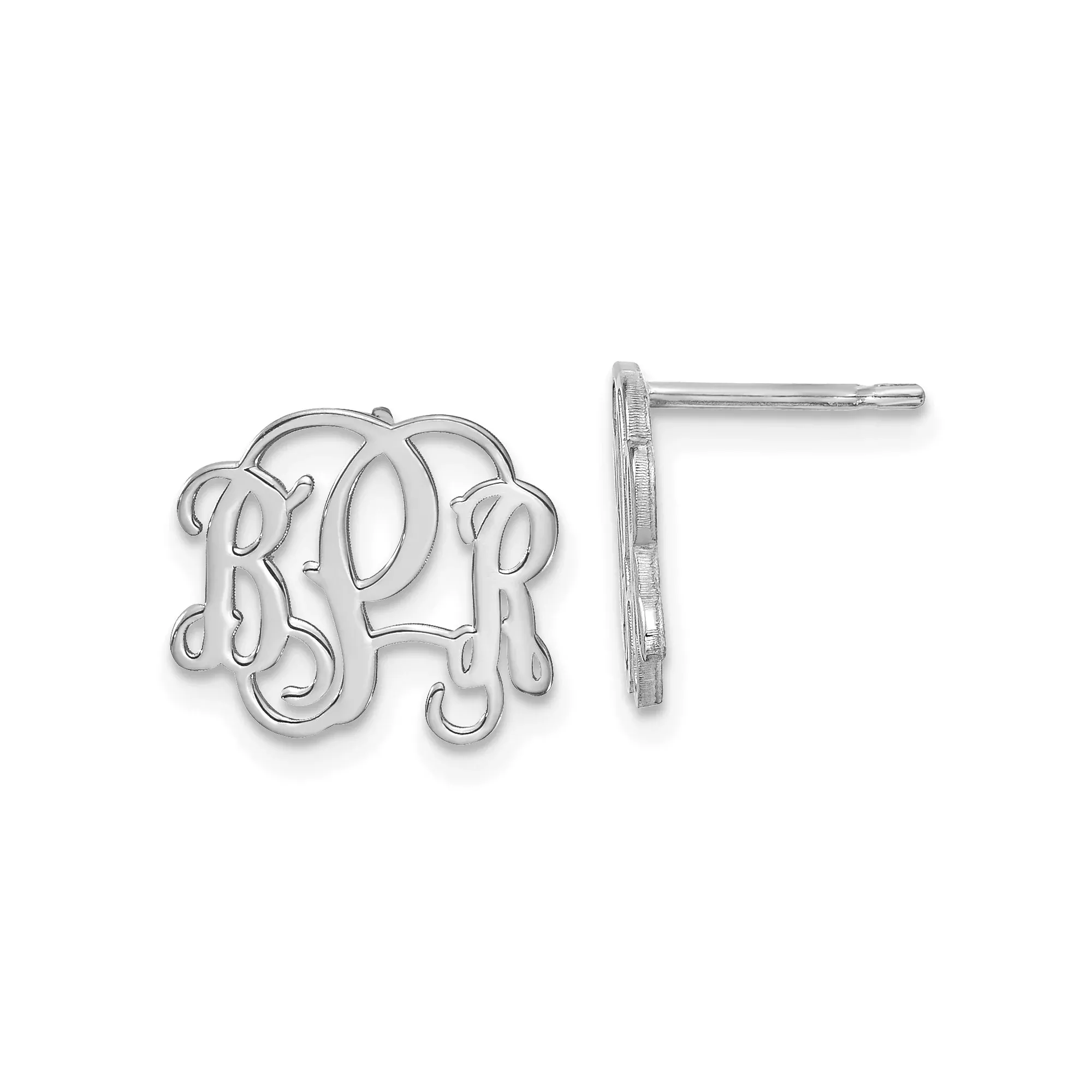14k White Gold Monogram Stud Earrings with Script Initial Cut-Out Design