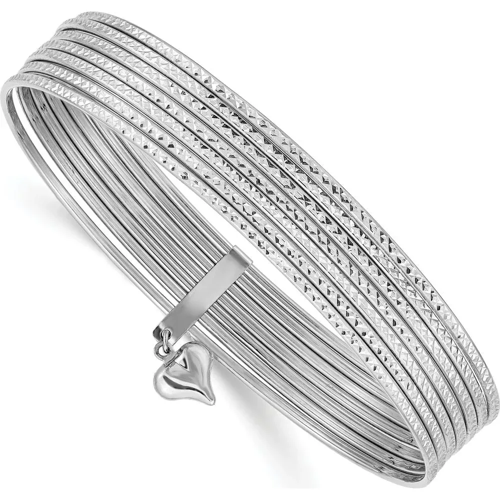 14K White Gold Polished and Textured 7-Strand Bangle Bracelet with Dangle Heart Charm - 11mm Width by Oro Pregiato