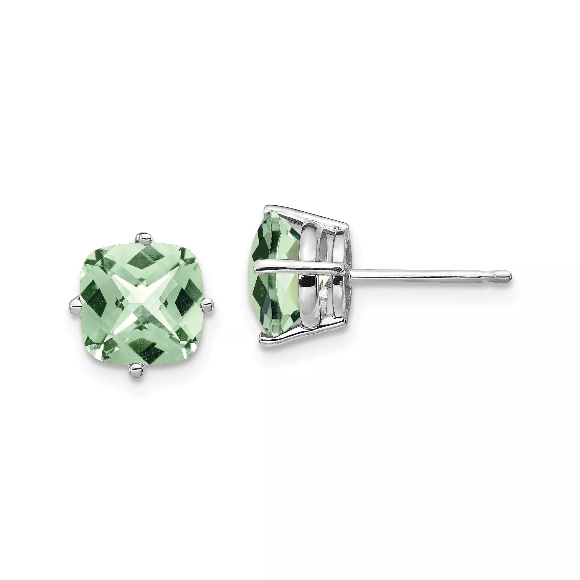 14k White Gold Stud Earrings with Cushion Cut Green Quartz, Prong Set Minimalist Design